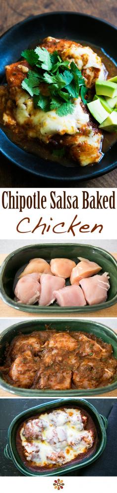 
                    
                        Chipotle Salsa Baked Chicken ~ Chicken breasts or thighs, smothered in chipotle salsa, topped with Monterey jack cheese, and baked. ~ SimplyRecipes.com
                    
                