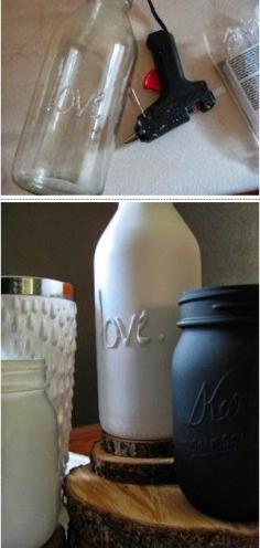 This is a pretty cute idea. I've also seen people do something like it with elmers glue this seems like it might be a better alternative. Use your hotglue gun write words on your pretty bottles then paint them pretty solid colors. Could make cute vases, decorations etc.