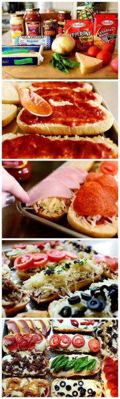 French Bread Pizzas are a wonderful way to feed a few or a crowd. Use your favorite bread, sauce, cheese and toppings. Everyone can make their favorite! #fastfood #familydinner #appetizer