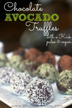 Easy Chocolate Avocado Truffles with a Kick - Paleo and Vegan - Looking for a healthy sweet treat? This Chocolate Truffle Recipe is full of healthy ingredients like avocado, and is sugar free and dairy free too. They come together in a flash and are decadent enough for gift giving (if you don't eat them all yourself!)
