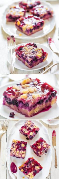 Blueberry Pie Bars - try with strawberries! Super soft, easy bars with a creamy filling, streusel topping and abundance of juicy blueberries! Sooo darn good!