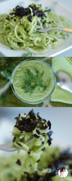 The Global Girl Raw Food Recipes: Cucumber Pasta with Creamy Avocado Sauce and Nori Flakes. Perfect balance of light, refreshing, cleansing and filling. Plus it's an avocado extravaganza!
