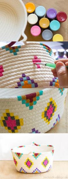 
                    
                        This Kilim-Inspired painted basket tutorial is an easy way to try out a fun new color palette quickly and inexpensively. It's so simple to make!
                    
                