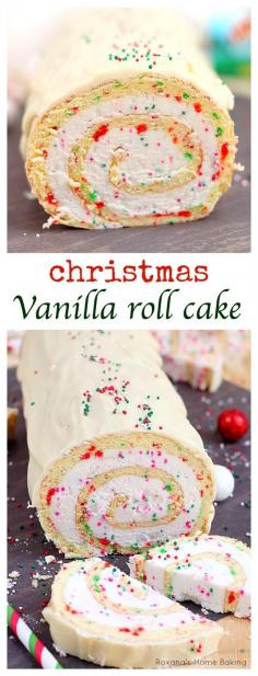 A simple vanilla roll cake with red and green dots and spirals of creamy buttercream. A lovely Christmas dessert or gift. :)