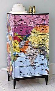 Map furniture to inspire emptying those drawers! Hopefully it also inspires you to DIY w paint or mod podge real maps (Thanks Luv!)