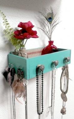 Old drawer? DIY Painted Drawer Shelf (can also be used for keys/mail/wallet/phone, etc.) Necklaces?