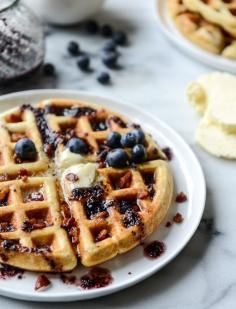 
                    
                        crispy bacon waffles with bourbon butter + blueberry syrup
                    
                