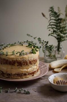 
                    
                        banana thyme honey cake with brown sugar frosting and blonde chocolate drizzle
                    
                