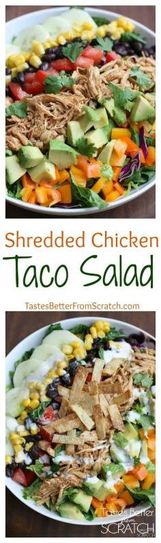 
                    
                        The best taco salad--loaded with fresh veggies, topped with delicious slow cooker shredded chicken and a chipotle ranch crema. Recipe on tastesbetterfroms...
                    
                