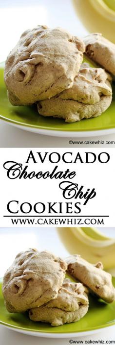 
                    
                        Healthy, oil-free AVOCADO CHOCOLATE CHIP COOKIES. Sugar-free option included. These cookies look like poofy little clouds and won't rest on your hips forever ;) From cakewhiz.com
                    
                