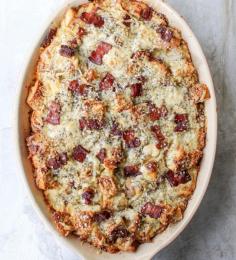 Everything Bagel Breakfast Sandwich Strata - all the flavors of a bacon, egg, and cheese bagel sandwich in a heart breakfast casserole!