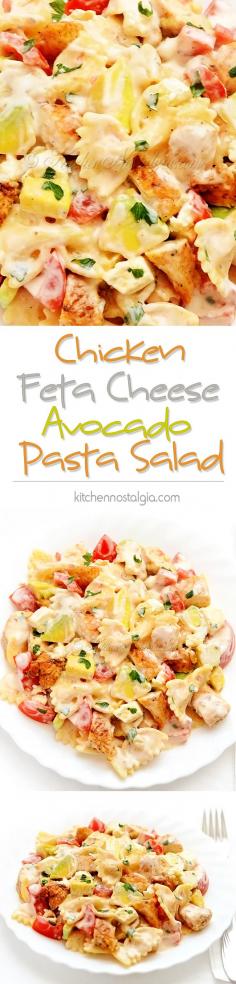 
                    
                        Chicken Feta Cheese Pasta Salad with avocados, tomatoes and creamy dressing;  incredibly good for lunch or your picnic table; better than deli salad! - kitchennostalgia.com
                    
                