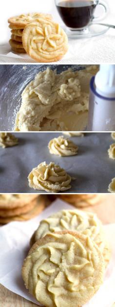 "Vanilla Spritz Shortbread Cookies - Erren's Kitchen - a sweet and buttery cookie with beautifully crisp edges."    ~Cookie technic.
