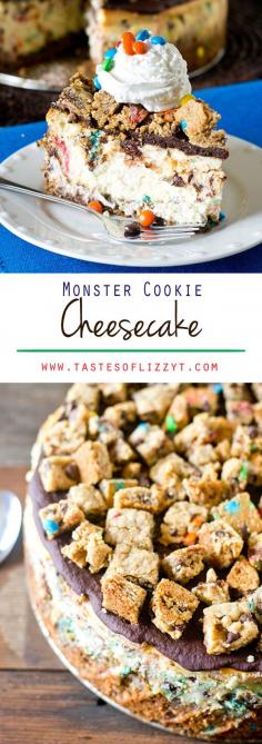 This Monster Cookie Cheesecake will be a hit with cookie and cheesecake lovers alike. Cookie crust with M&M’s swired throughout and a chocolate ganache topping.