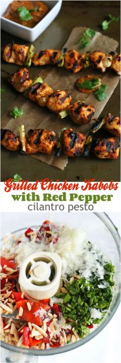 
                    
                        Grilled Chicken Kabobs with Red Pepper Cilantro Pesto Recipe...204 calories and 6 Weight Watchers PP | cookincanuck.com #healthy
                    
                
