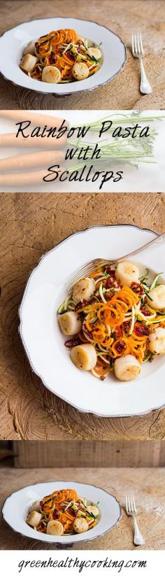 A recipe for a crunchy and delicious gluten-free Summer Rainbow Pasta with Scallops seasoned with Aglio Olio e Peperoncino.