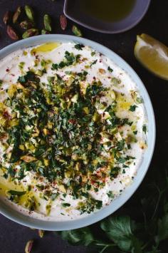 21 dip recipes = Labneh with Pistachios, Parsley, Lemon, and Sumac Dip
