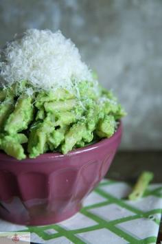 .Pea Pesto Pasta - serve for Halloween in a black bowl and top with shredded orange cheddar cheese and sliced black olives