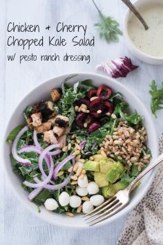
                    
                        Chicken & Cherry Chopped Kale Salad with Pesto Ranch Dressing - A colorful and delicious mix of greens, chicken, cherries, farro, avocado, mozzarella cheese, red onions and pine nuts, tossed with homemade pesto ranch dressing! Earthbound Farm #OrganicBound #ad | foxeslovelemons.com
                    
                