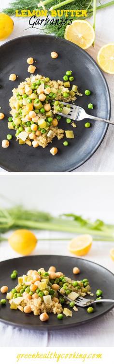 Lemon Butter Garbanzo recipe is protein and iron rich and the butter gives it a silky texture. The peas, fennel and lemon scream SPRING PLEASE!