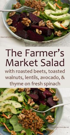 
                    
                        The Farmer's Market Salad with roasted beets, toasted walnuts, lentils, avocado, and thyme on fresh spinach by Life Currents
                    
                