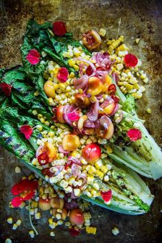 Grilled Romaine and Corn Salad with Pickled Cherries and shallots