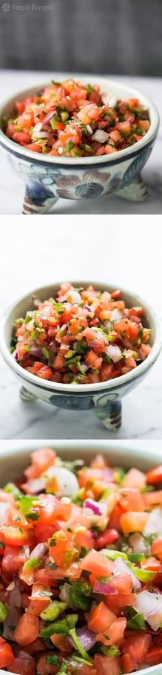 Fresh Pico de Gallo Mexican salsa! Chopped fresh tomatoes, jalapeño chiles, red onion, cilantro, and lime. On SimplyRecipes.com