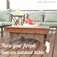 Outdoor table that is also a fire pit. Empty it of debris, flip the screen cover over (you may need to remove the handle of the cover to store inside). Build a table top to cover the empty space and create a stable surface. Seal the wood surface from weather.
