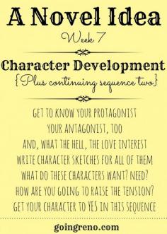 A Novel Idea, Week 7--Character Development and moving right along with sequence 2. This week we're writing character sketches, now that we know our main characters some.