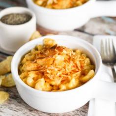 No Bake Creamy Macaroni and Cheese topped with Crushed Potato Chips.