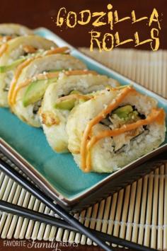 Godzilla Rolls  -  Sushi Rice...1 sheet Nori (dry roasted seaweed)...  2-3 pieces prepared shrimp tempura (baked)...2 slices avocado...3-4 tsp (or so) cream cheese (use the block cream cheese and cut into a couple long, rectangular slices)  ½ c. flour tempura batter... oil for frying... Spicy mayo