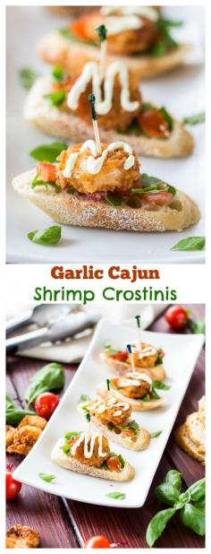 These Cajun Shrimp Crostinis are a fun and easy appetizer that you can throw together in minutes. Buttery, cajun style shrimp topped with creamy avocado ranch all atop a garlic toasted crostini.
