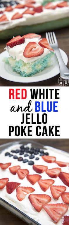 
                    
                        Red White and Blue Jello Poke Cake - This simple to make poke cake starts with a boxed cake mix, jello, and coolwhip. Its the perfect cake for the fourth of july because its easy to make, delicious and red white and blue!
                    
                