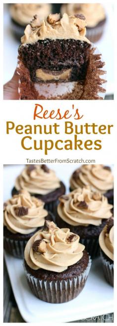 Chocolate Reese's PB Cup Cupcakes with Peanut Butter Frosting - If you like Reeses PB cups, you'll love these cupcakes! I froze the pb cups before putting them in the batter. I also used about twice as much cream to get the frosting to a soft-enough consistency for easy piping.These are quite rich!