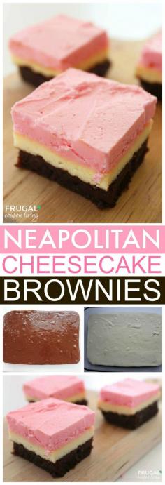 
                    
                        Neapolitan Cheesecake Brownies Recipe on Frugal Coupon Living - We love the classic layer of brown, white and pink to make the perfect tripple layered dessert idea.
                    
                