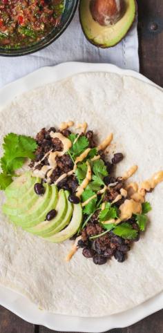 Chipotle Beef and Black Bean Burritos with Fresh Salsa and Peri Peri Sauce