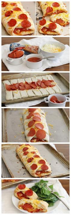 Pepperoni Pizza Braid is another fun way to do Friday Night Pizza Night right! -- 1 can Pillsbury™ refrigerated classic pizza crust 1/2 cup pizza sauce 2 cups shredded mozzarella and/or cheddar cheese, divided 2/3 cup pepperoni slices, divided, plus more for topping