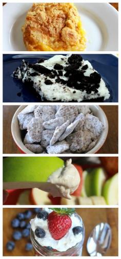 
                    
                        5 easy dessert and snack ideas to bring along.   Includes Three ingredient peach cobbler, Oreo cookie dessert (no bake), Muddy Buddies, Peanut Butter Fruit Dip, and Red, White and Blue mason jar trifle.   All recipes are easy and use pantry ingredients! from Momcrieff.com
                    
                