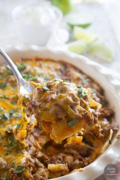 Enchiladas without all the work - this Beef Enchilada Casserole is family friendly and done in under 30 minutes!