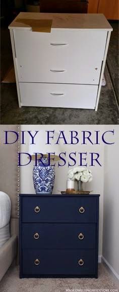 DIY Fabric Covered Nightstand with gold ring pulls...I can see doing this with something from IKEA, not with real wood...neat idea though