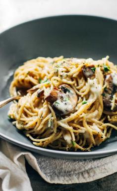 Creamy Garlic Herb Mushroom Spaghetti - this recipe is total comfort food! Simple ingredients, ready in about 30 minutes, vegetarian. ♡ pinchofyum.com This would be good with spaghetti squash.