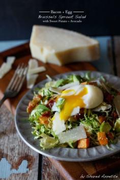 Bacon and Egg Brussels Sprout Salad with Sweet Potato and Avocado by @sharedappetite. Gluten free and paleo friendly salad! Perfect fall appetizer or winter appetizer!