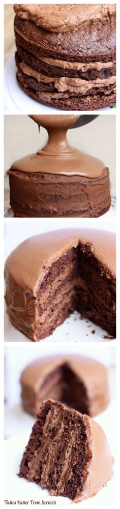 The BEST Chocolate Cake w/ Chocolate Mousse Filling | a favorite chocolate cake recipe w/ dark chocolate mousse filling & warm frosting poured on top