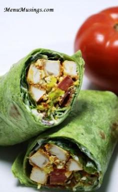 BLT Buffalo Chicken Wrap - make your brown bag lunch the envy of the office with these garden fresh wraps with the bold flavors of buffalo chicken.  Also perfect for your picnics and tailgating parties.  Step-by-step photos.