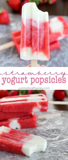 Healthy, easy and delicious Strawberry Yogurt Popsicles - a favorite summer treat everyone in the family will enjoy! Only 4 ingredients!//