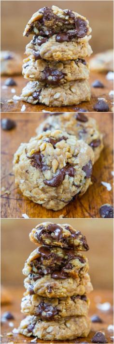Soft Chewy Oatmeal Coconut Chocolate Chip Cookies - NO BUTTER and no mixer used in these easy cookies dripping with chocolate!