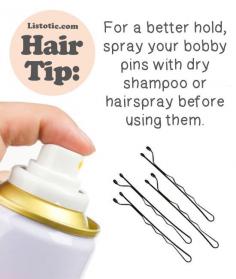 Hair Tip Tuesday: Spray your bobby pins with dry shampoo or hair spray before use for a better hold! No more sliding bobby pins!