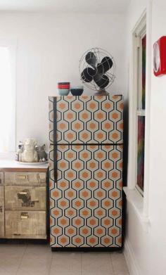 Different paper, but cute idea. put temporary wallpaper on the whole shebang. | 21 Adorable DIY Projects To Spruce Up Your Kitchen