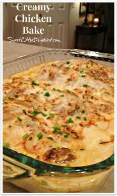 CREAMY CHICKEN BAKE!!   Main Dish (no veggies) - One of my favorite chicken dishes!! It's not my favorite just because it's so simple to make...it's so darn good too!! My whole family loves this dish!! |  SweetLittleBluebird.com