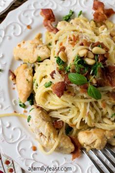 Chicken Carbonara - An authentic, restaurant-quality recipe. I will be omitting the pine nuts.